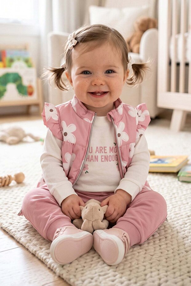Floral Patterned Zippered Vest Baby Girl 3-Piece Set