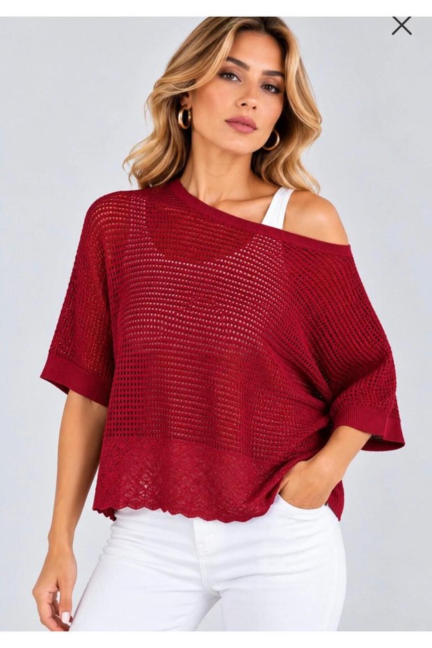 Women's Knitwear Blouse Short Sleeve Openwork Knit Boat Neck Relaxed Fit