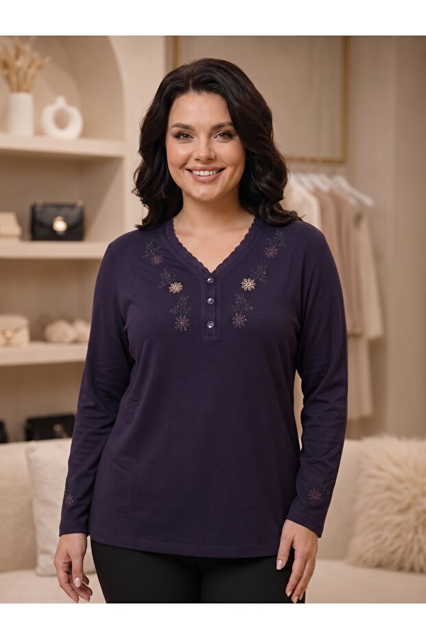 Nergiz Combed Cotton Women's Large Size Long Sleeve Comfortable Fit Blouse