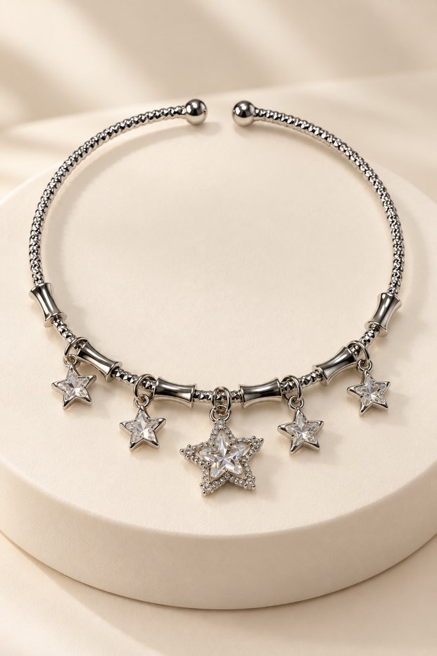 Adjustable Steel Bracelet Suitable for Young People and Children, Star Figured Zircon Stone Charm Model, Silver Color