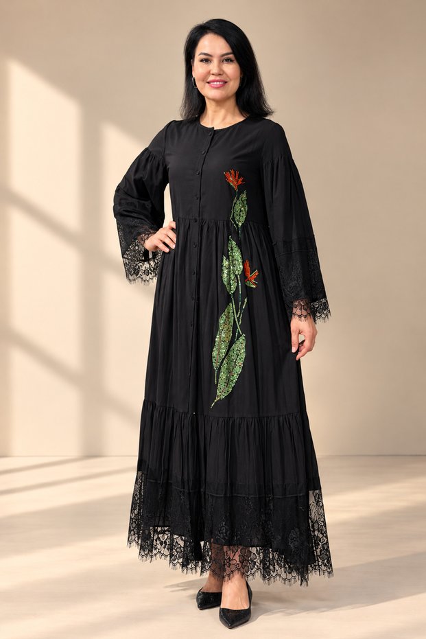 Women's Lace Detailed Long Dress - Lined, Stone Embellished Floral Motif Buttoned Dress