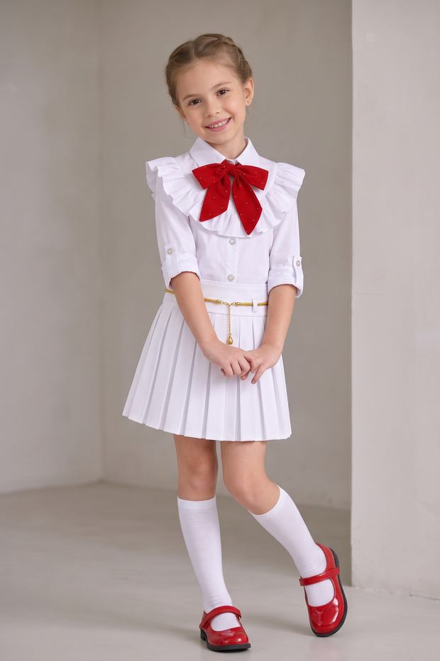 Girl's Red Scarf Polka Dot Ruffle Collar White Long Sleeve Shirt Yellow Chain White Pleated Skirt October 29 April 23 Show Outfit