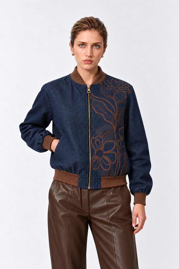 Embroidered Bomber Denim Women's Jacket Navy Blue