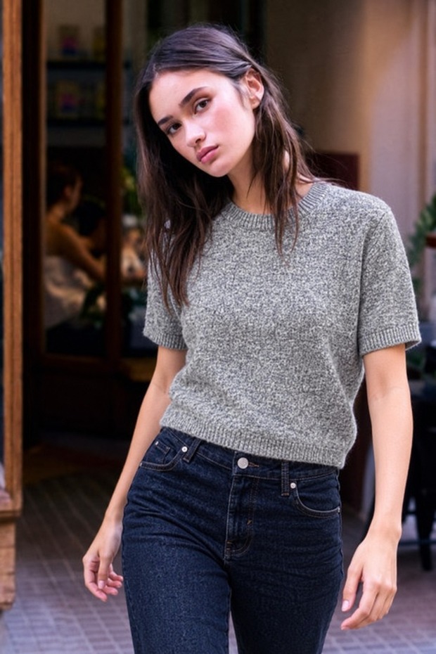 Women's Crew Neck Short Sleeve Gray Knitwear Sweater
