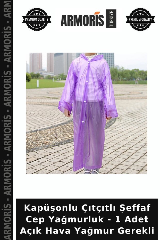 Transparent Pocket Raincoat with Hood and Snap Fasteners - 1 Piece Outdoor Rain Gear Required
