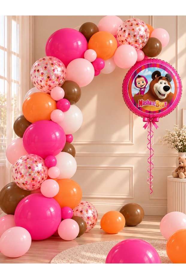 Party Masha and the Bear Birthday Balloon Set 29 Pieces Pink Brown Orange Concept Double-Sided Foil Balloons