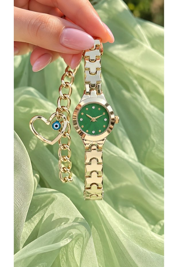 In Stylish Gift Box, Mini Case, Silver Color Cord Green Dial Women's Wristwatch+Bracelet