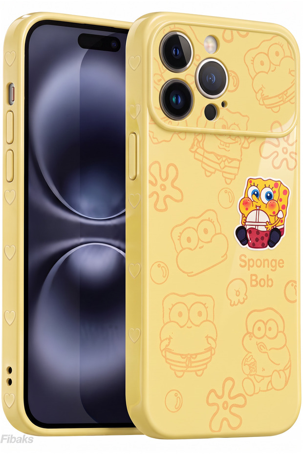 iPhone 14 Pro Max / 15 Pro Max Case Spongebob Pattern with Camera Protection Heart Detail Flexible Silicone Phone Case