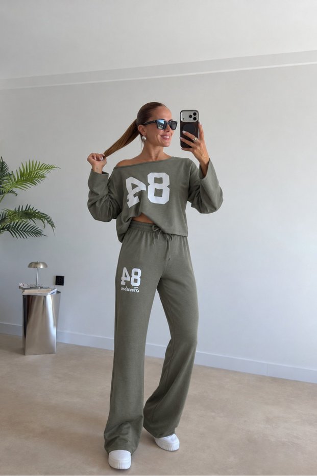 Women's one shoulder open long sleeve printed modal blouse and pants two piece set