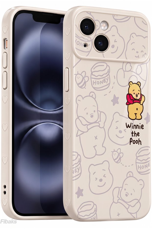 iPhone 15 Case Winnie the Pooh Patterned Flexible Silicone Phone Case with Camera Protection and Heart Detail