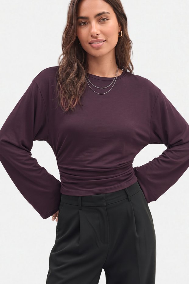Plum Crew Neck Fitted Waist 97% Cotton Long Sleeve Blouse