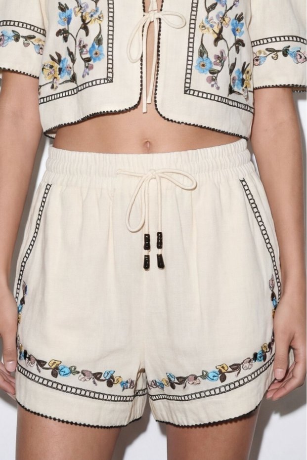 Embroidery Work Women's Shorts Srt02195 Beige