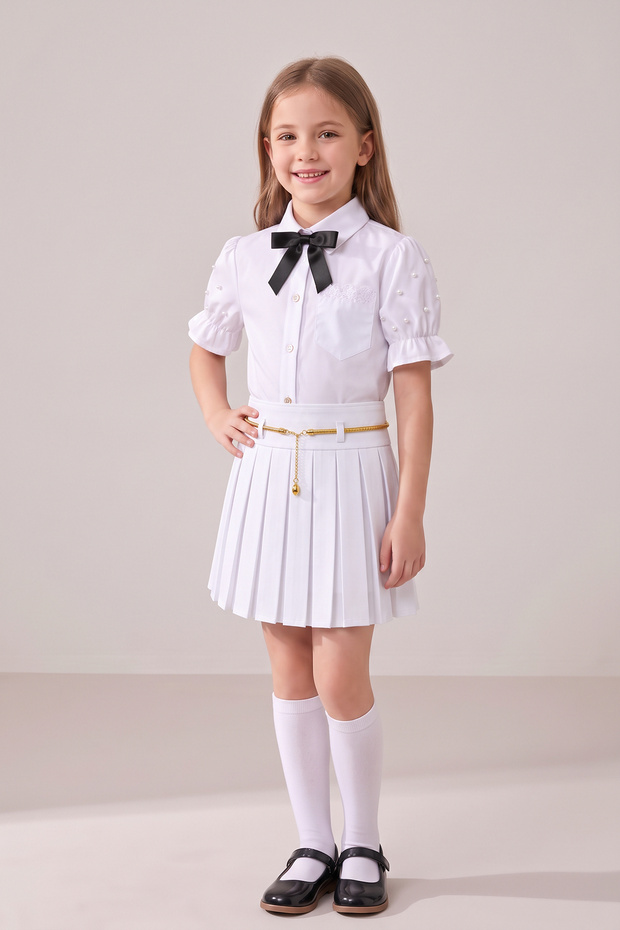 Girl's Black Ribbon Short Sleeve Pearl Detailed Ruffle Sleeve Pocketed Shirt Yellow Chain White Pleated Skirt April 23 October 29 Show Outfit