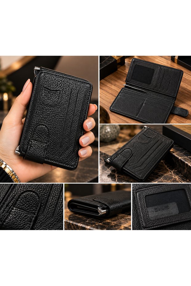 Genuine Leather Navy Blue Unisex Mechanical Card Holder Wallet – Compact and Stylish Design with Metal Money Clip