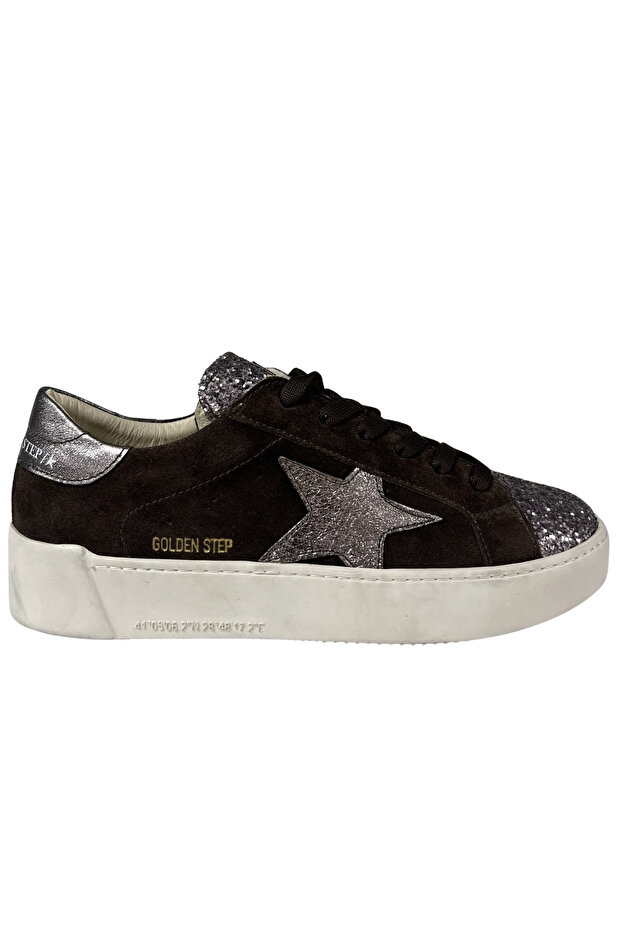 Girls' Sneakers – Brown Suede-Silver Genuine Leather, Starry