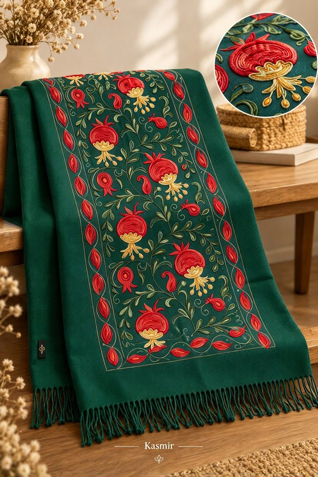 Women's Motif Embroidered Shawl with Tassels, Cashmere Luxe Ethnic Patterned