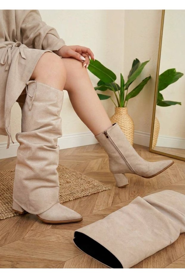 Beige Suede Bellows Boots Heeled Zippered Draped Boots