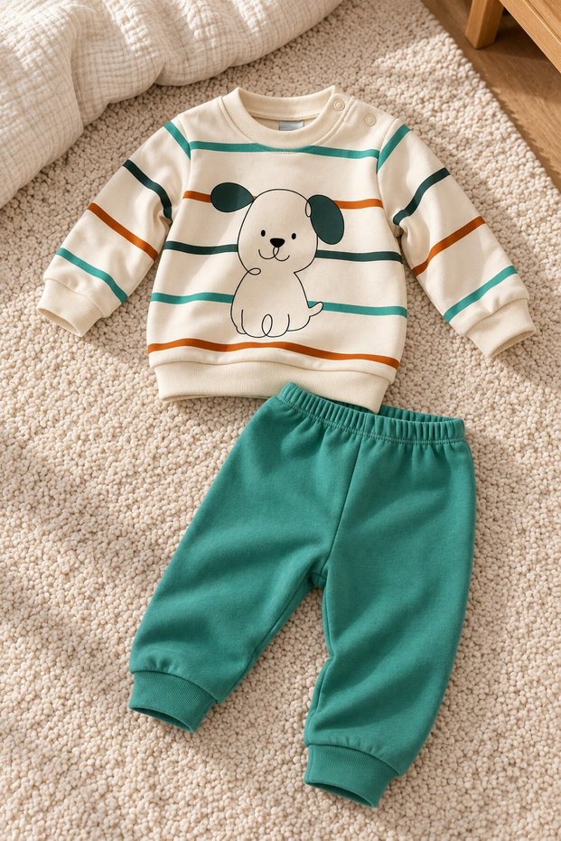 Baby Set Dog Patterned Striped 2-Piece Set Long Sleeve Top and Bottom Seasonal Set