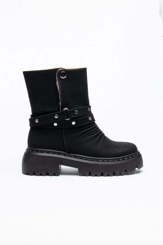 Women's Black Fur-Lined Thick-Soled Foldable Boots