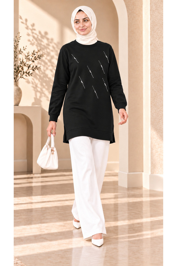 Women's Stone Detailed Long Sweatshirt Tunic