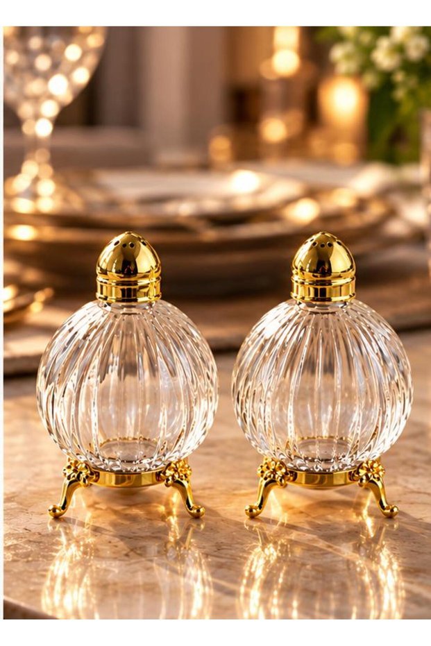 2-Piece Origami Model Gold Color Metal-Stand Glass Salt Shaker Set