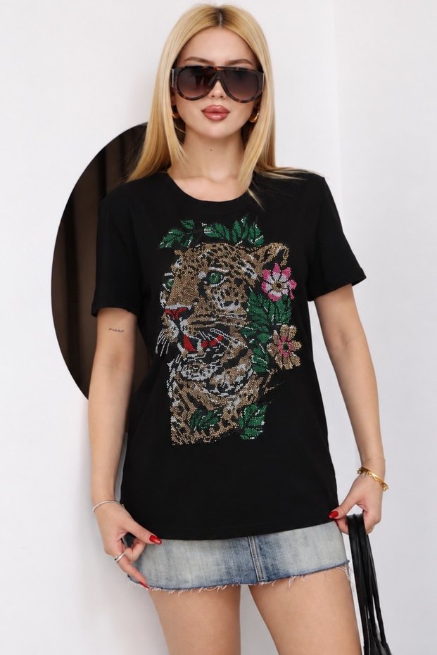 Tiger crystal stone premium cotton black t-shirt