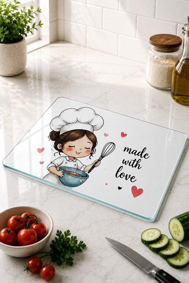 Glass Cutting Board Made with Love Theme - Glass Cutting Board | 30cm X 40cm
