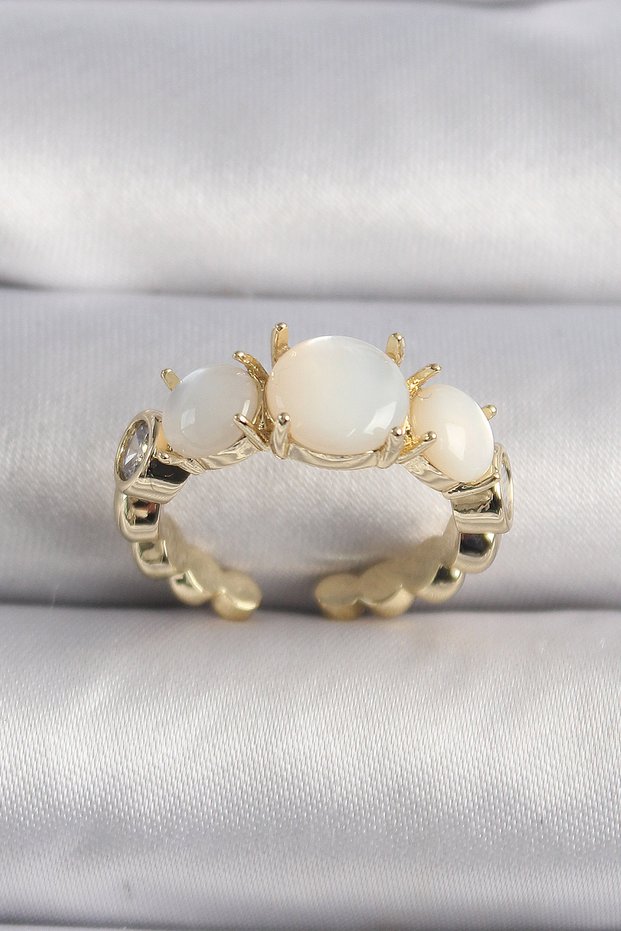 Brass Gold Color Zircon Stone Detailed White Pearlescent Vip Series Women's Ring
