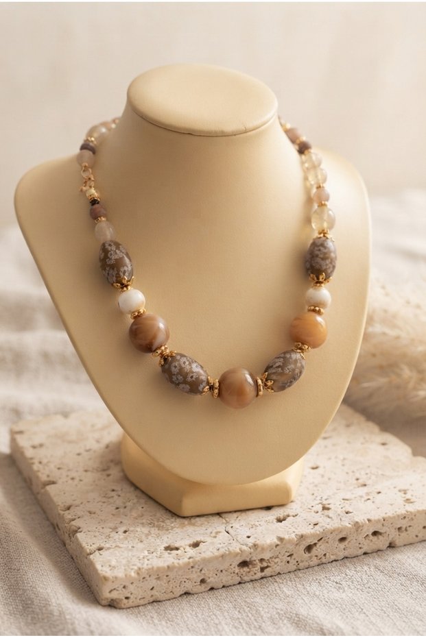 Special Design Necklace with Handmade Patterned and Colored Glass Beads