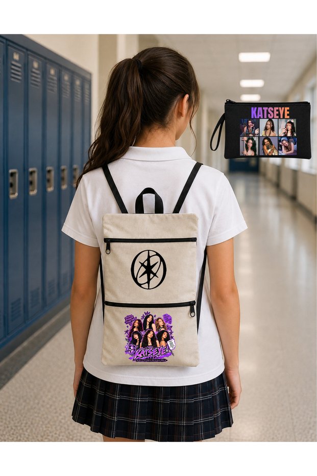 Katseye Designed Cotton Premium Printed School Backpack Pen Holder Set
