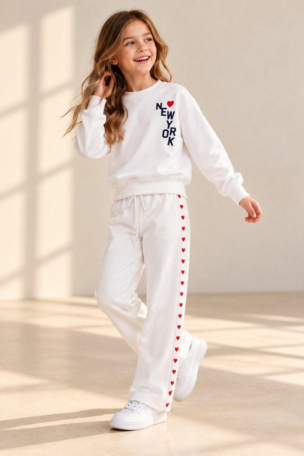 Girl's White Printed Heart Striped Tracksuit Set