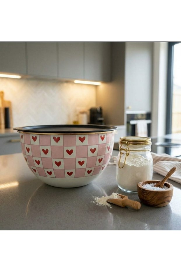 Enamel Mixing Bowl Kneading Bowl Salad Bowl with Pink Hearts