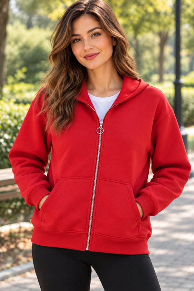 Women's Zippered Hooded Casual Sweatshirt with Kangaroo Pocket, Relaxed Fit