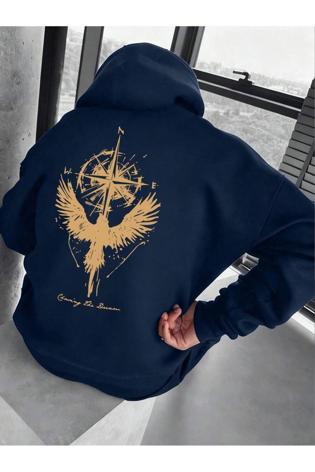 Men's Compass Mysterious Wing Printed Oversize 3 Thread Hoodie Sweatshirt