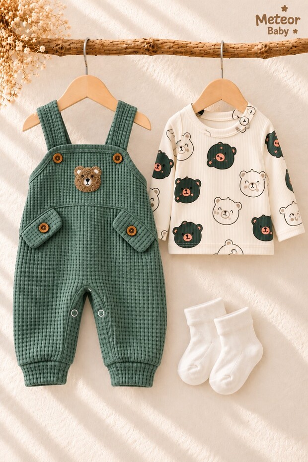 Baby Boy Set - Bear Patterned Long Sleeved T-Shirt - Socks - Salopet 3-Piece Set