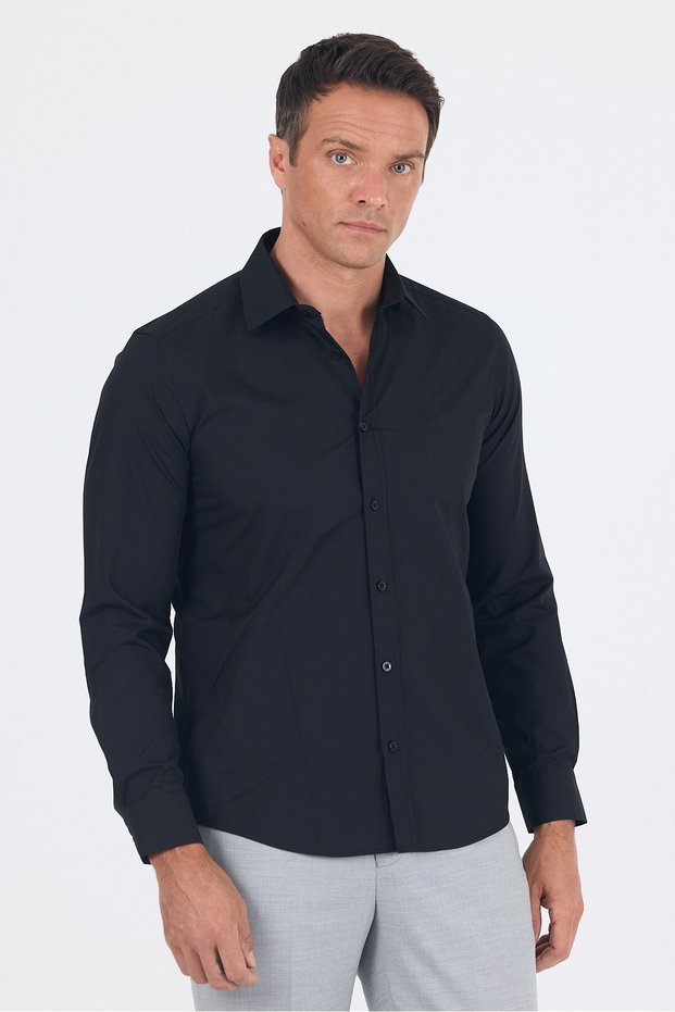 Black Hard Collar Long Sleeve Slim Fit Cotton Shirt 1004265057