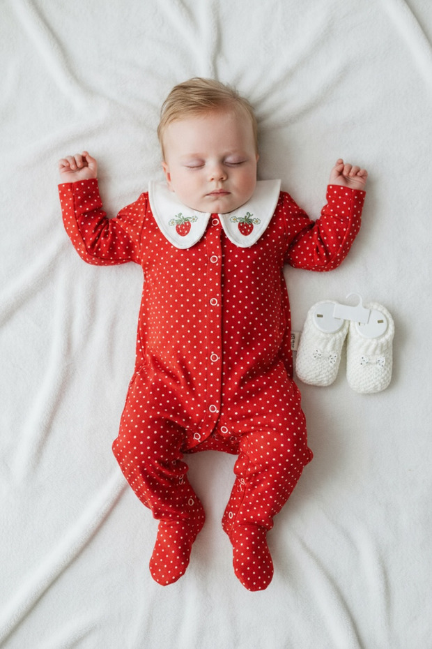 Strawberry Patterned Jumpsuit with Knitted Booties as a Gift