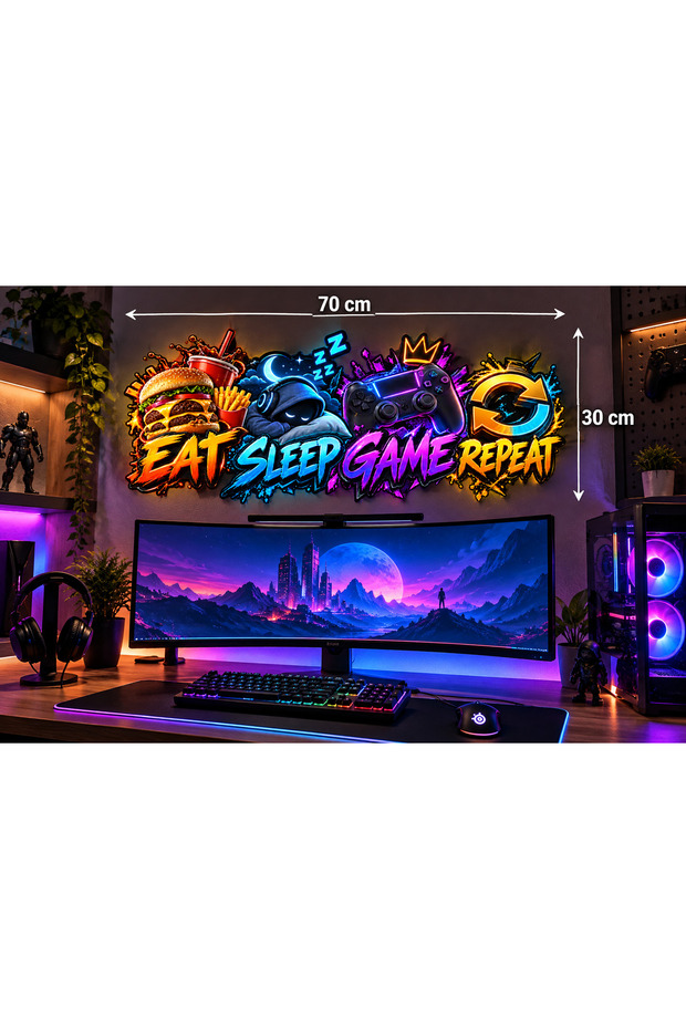 Eat Sleep Game Repeat Gamer Wall Sticker 70X30 cm – Colorful 3D Look Gaming Room Wall Sticker