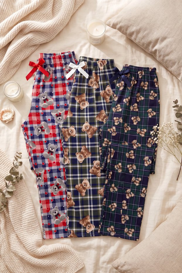 Women's 3-Piece Teddy Bear Patterned Plaid Pajama Bottoms Set with Elastic Waist and Comfortable Cut
