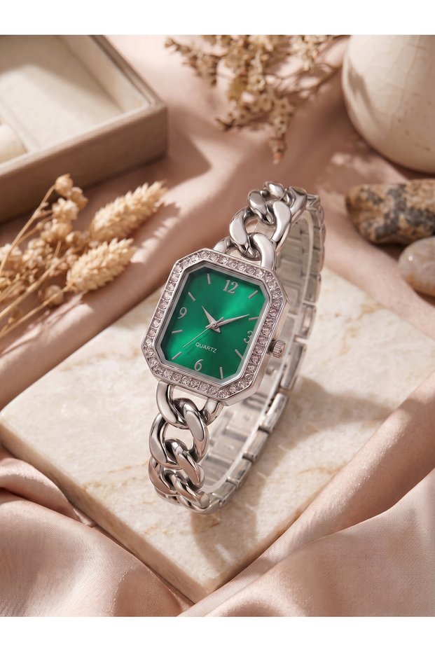 Nazze Chain Cord Silver Green Dial Women Wrist Watch