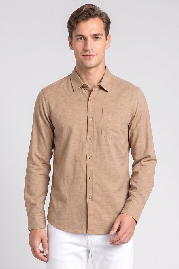 Men Stretch Fit Plaid Long Sleeve Casual Shirt, Brown