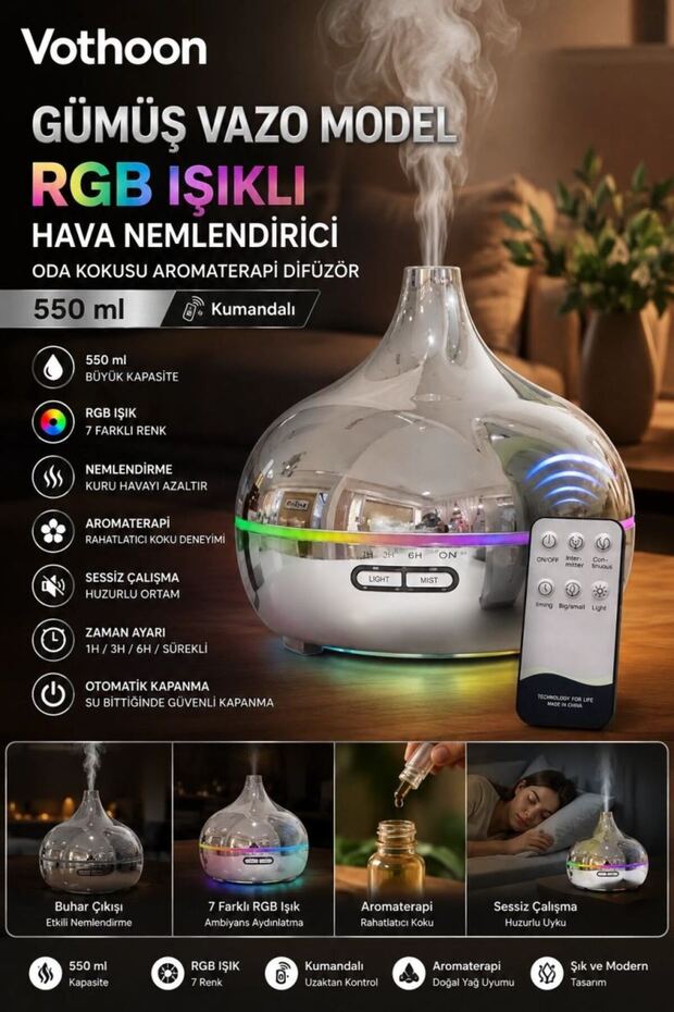 GLB-STL41414 موزع روائح عطرية ومرطب هواء بإضاءة RGB موديل فازو فضي - سعة 550 مل مع جهاز تحكم عن بعد