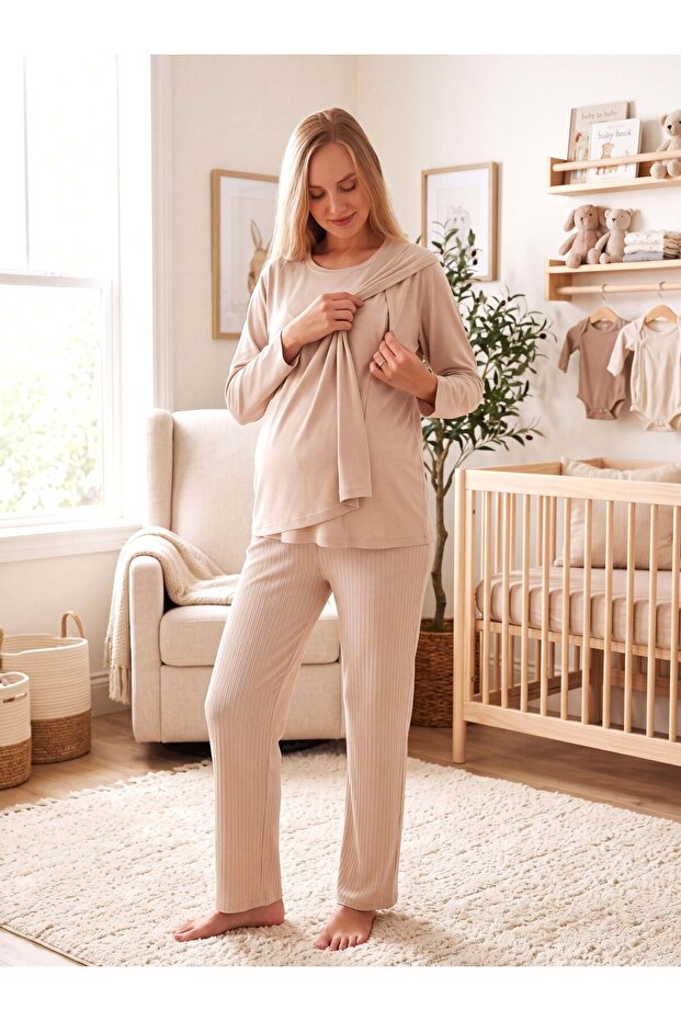 New Season Beige 100% Cotton Winter Long Sleeve Special Design Maternity Pajama Set with Hidden Breastfeeding Feature
