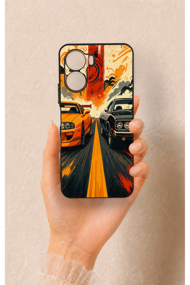 Vivo Y16 Compatible Orange and Black Car Patterned Silicone Case
