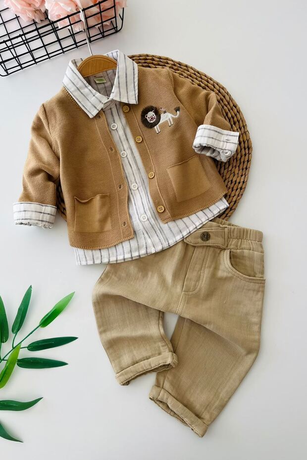 Embroidered Lion Detailed Knitwear Cardigan and Striped Shirt Baby Boy 3-Piece Set - Mustard