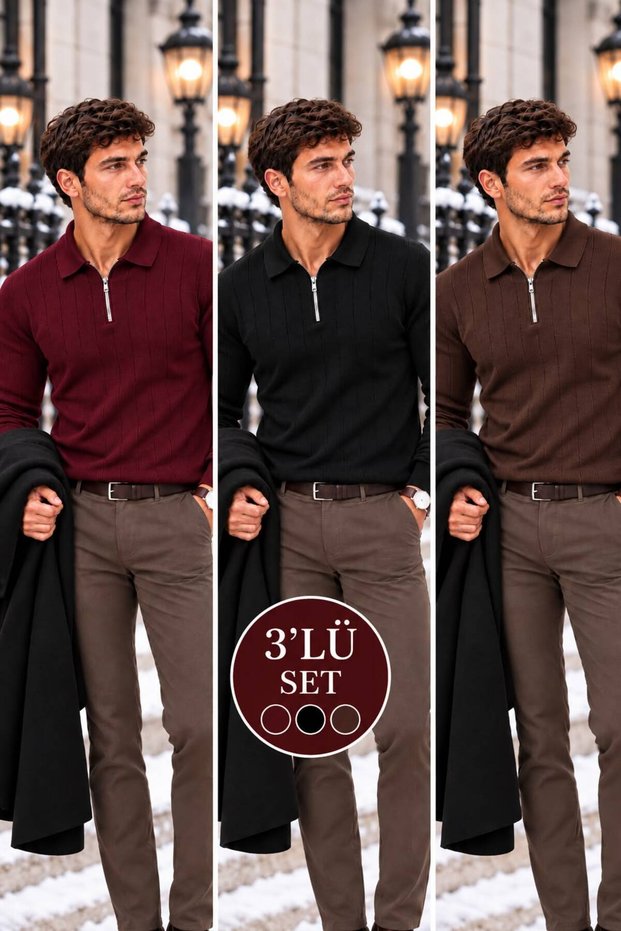 New Season Polo Collar Zippered Triple Sweatshirt