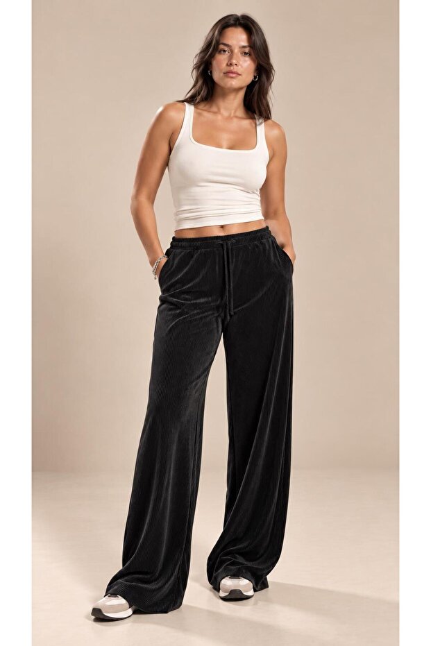 Plus Size Velvet Textured Ribbed Wide Leg Trousers
