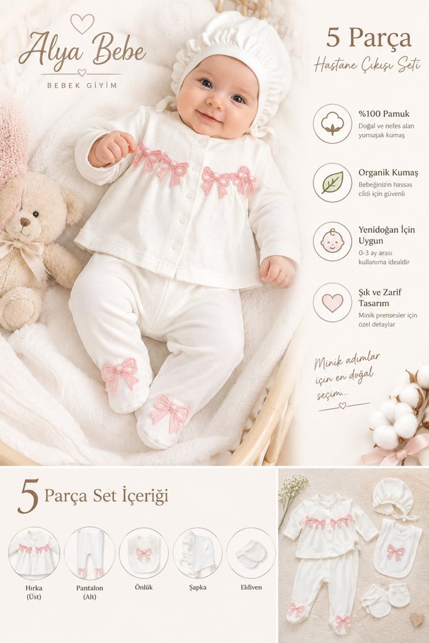Luxurious 5-Piece Organic Fabric Hospital Discharge Set with Embroidery Detail |   Newborn Gift Set