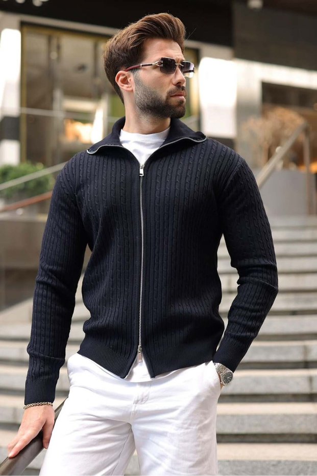 Navy Blue Knitted Patterned Double Zipper Men's Knitwear Cardigan E7537