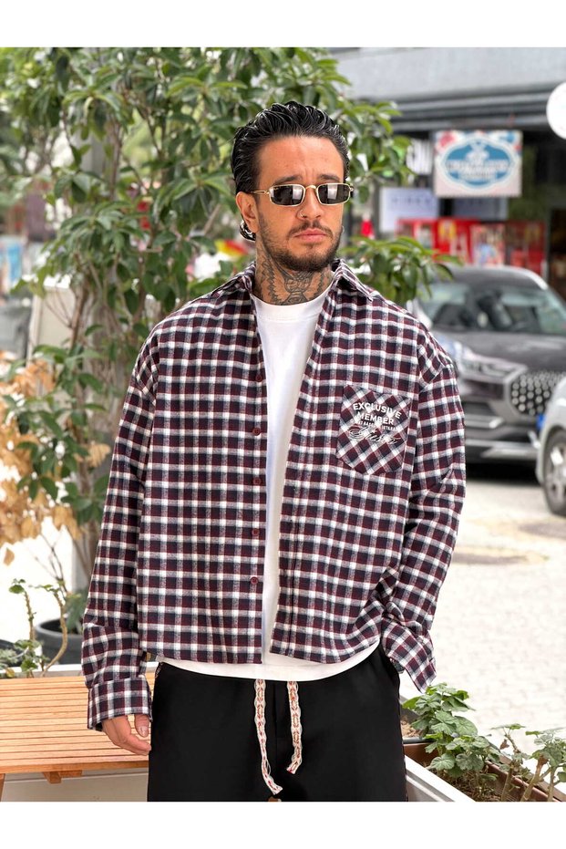 Giesto Pocket Detailed Crop Lumberjack Shirt Claret Red
